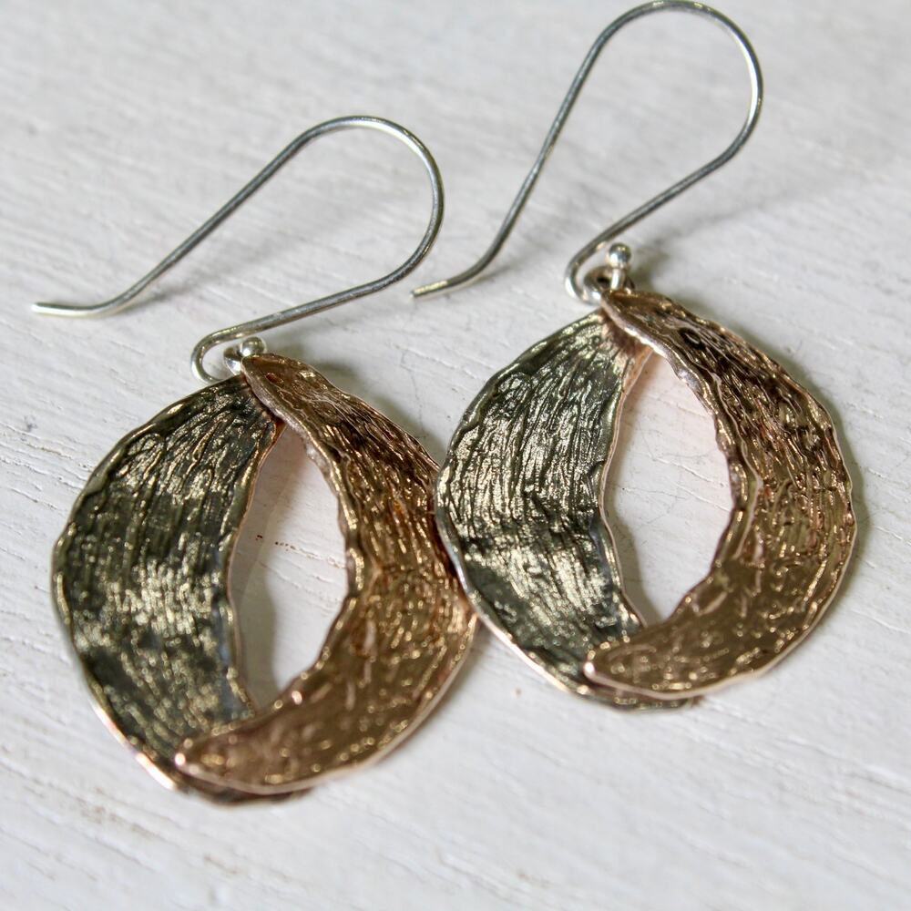 Vintage Or Paz Sterling Silver Two-Tone Textured Open Circle Dangle Earrings